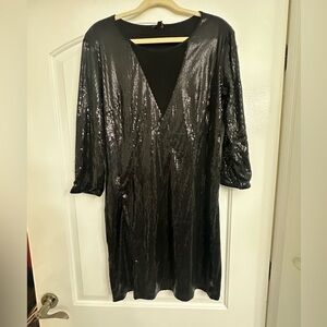 Guess black sequin v/neck sheer long sleeve mini dress